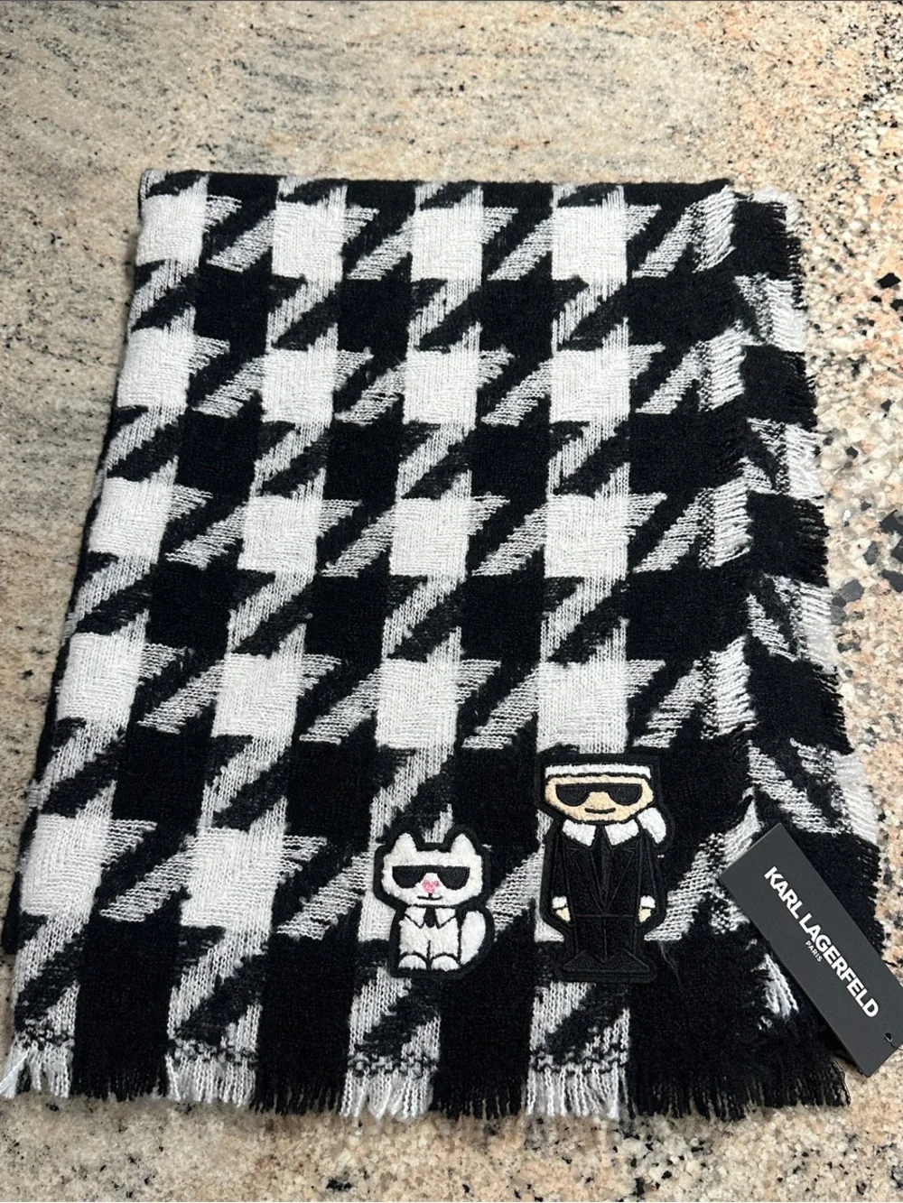 Karl Lagerfeld Black & White Houndstooth Scarf with Character Patch